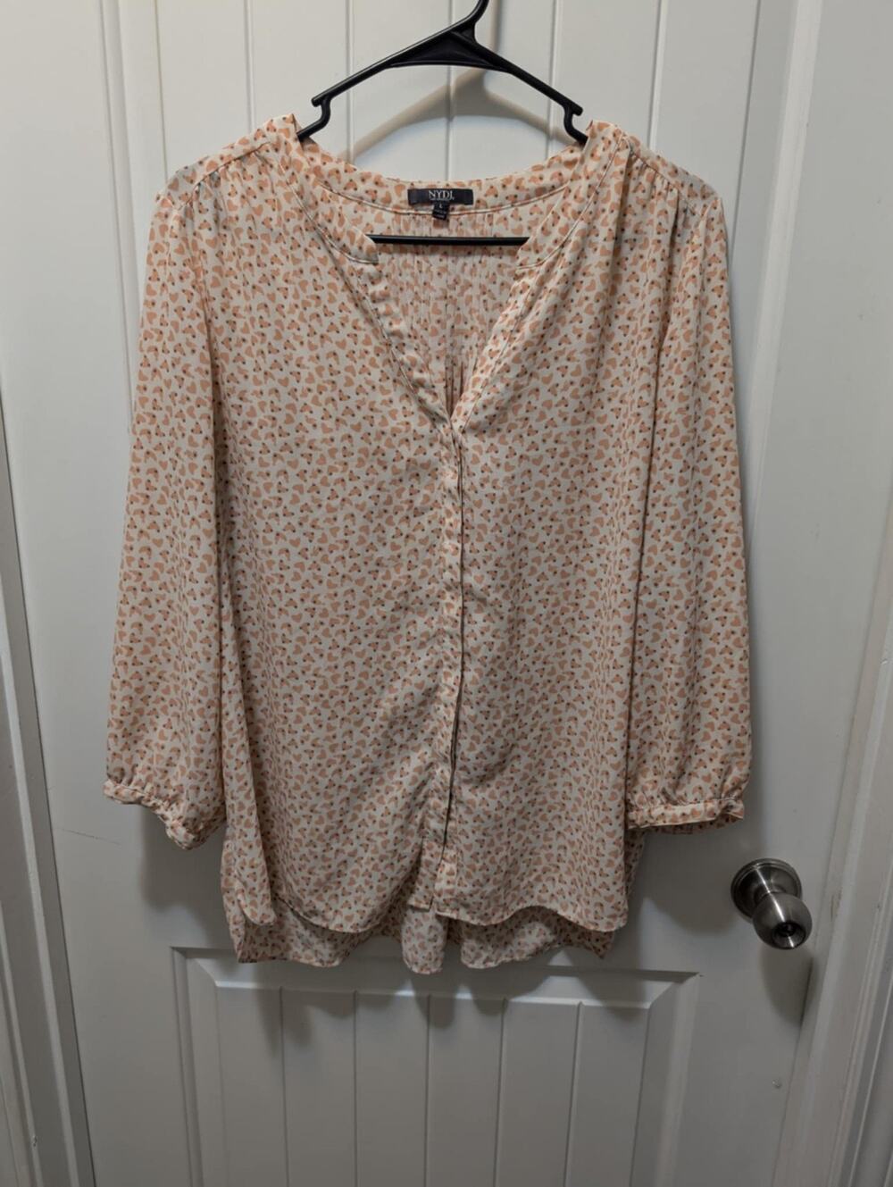 NYDJ Blouse Large Pink Print Pintuck Henley Pleated Back 3/4 Sleeve Peasant Top